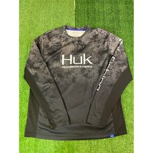Huk Performance Fishing Shirt Mens Large Gray Black Marble Camo Long Sleeve Tee